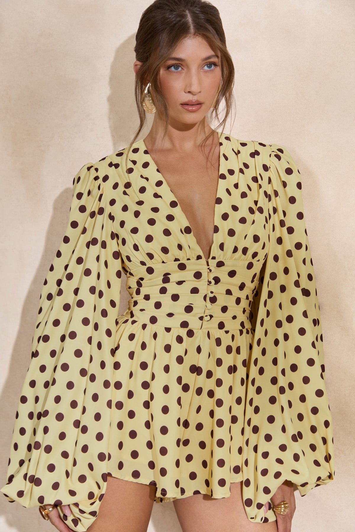 Laurel | Lemon Polka Dot V-Neck Balloon Sleeve Romper