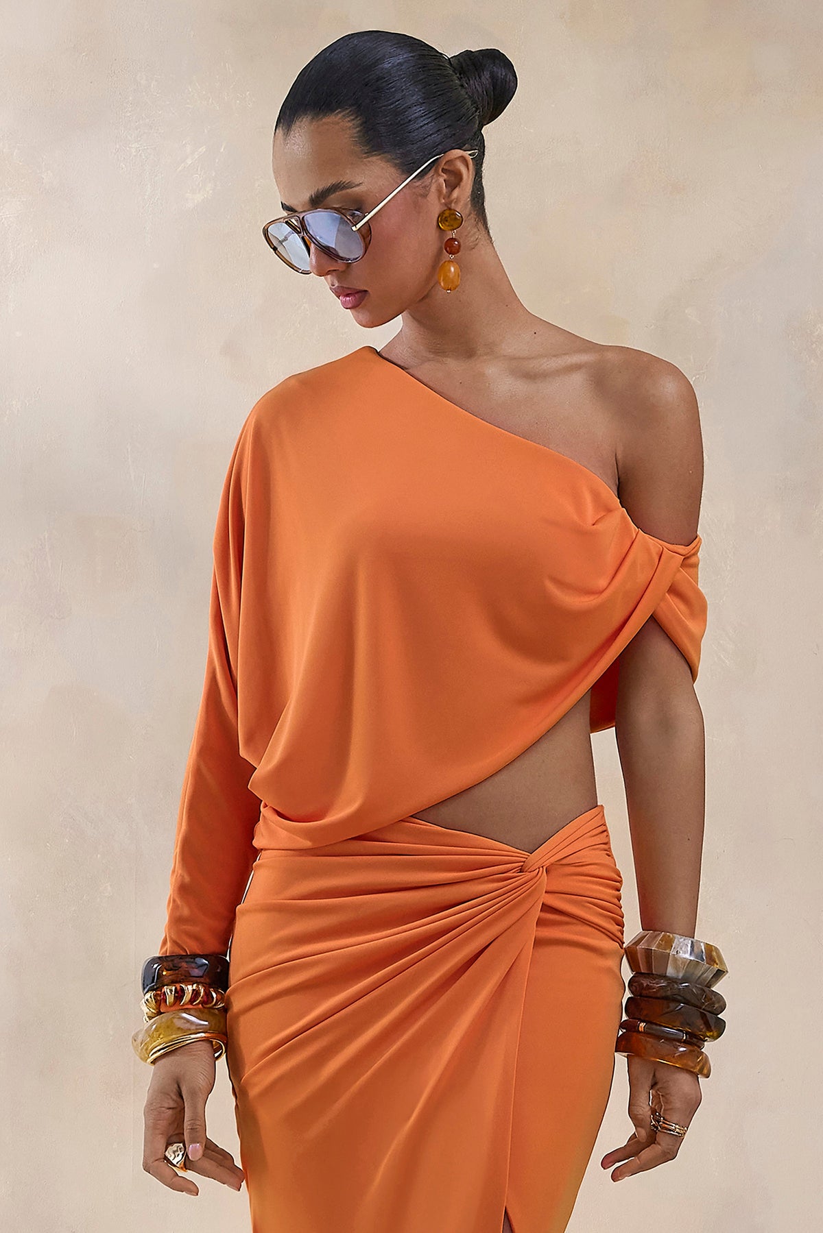 Dua | Orange Asymmetric One-Sleeve Draped Top