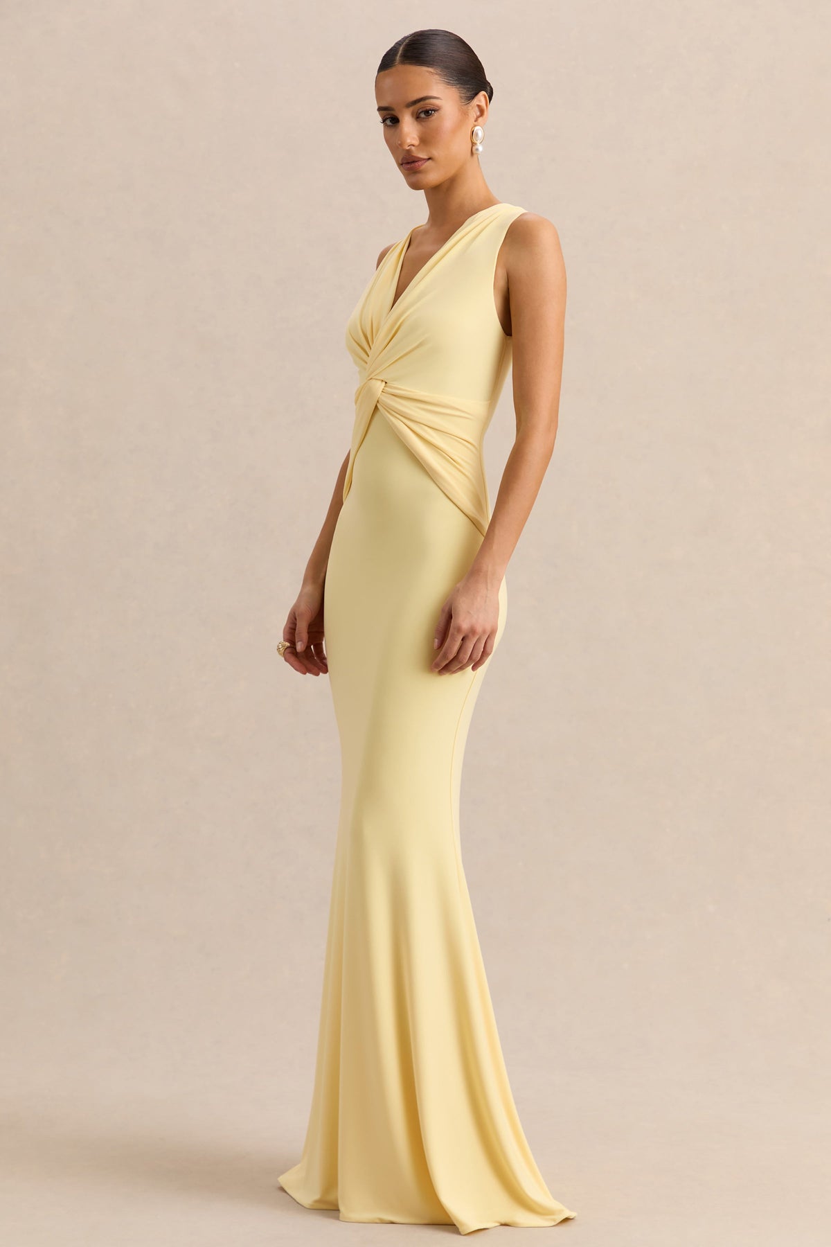 Holly | Lemon Jersey Plunge Maxi Dress With Twist Detailing