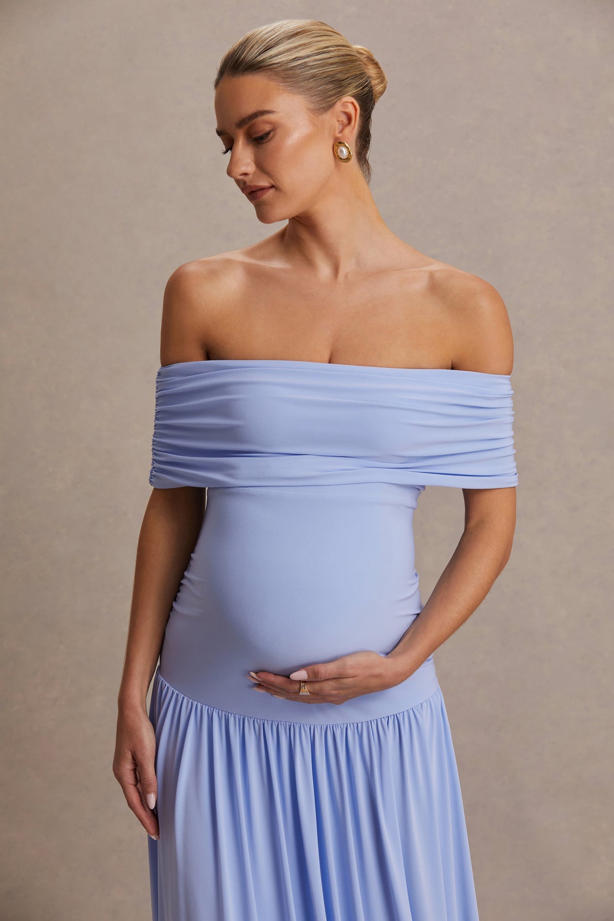 Juliette | Powder Blue Jersey Ruched Bardot Maternity Maxi Dress With Drop Waist