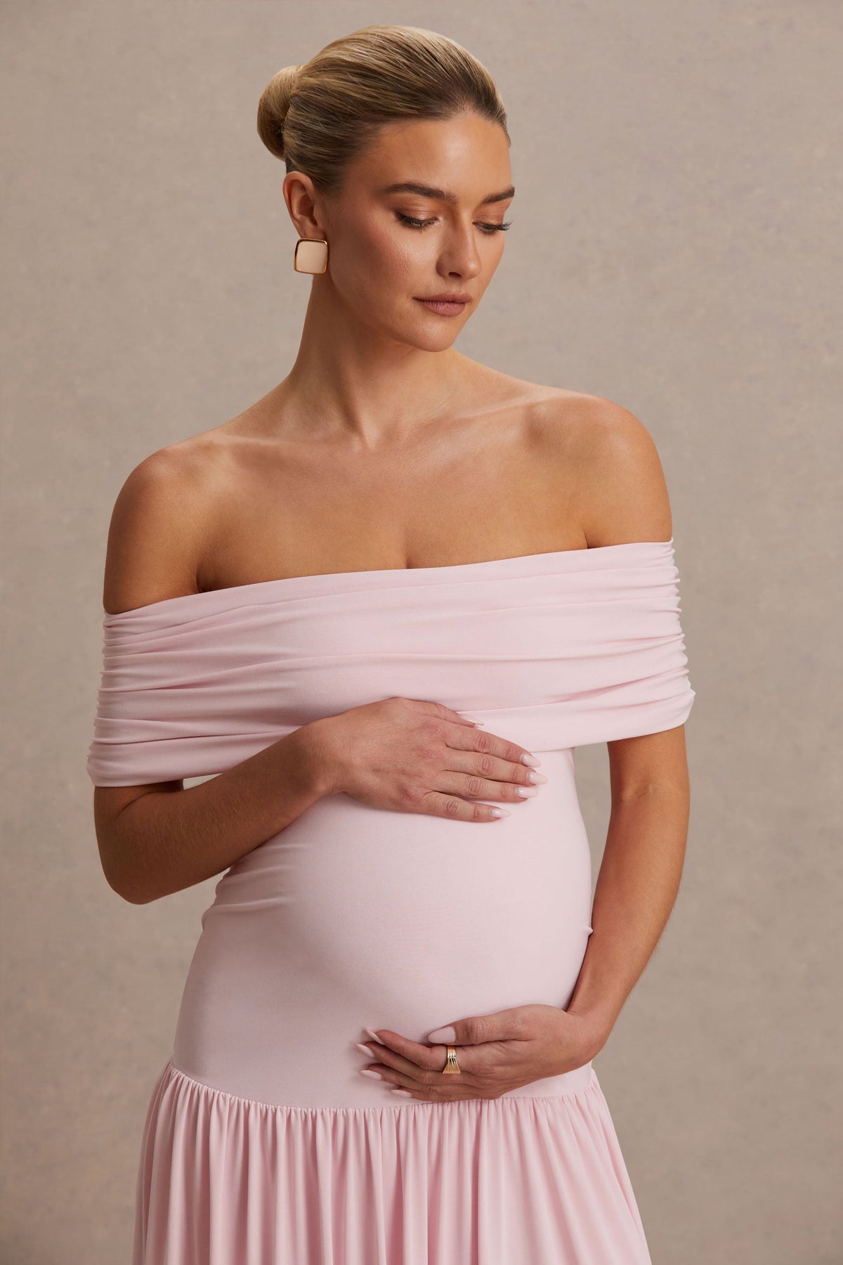 Juliette | Blush Pink Jersey Ruched Bardot Maternity Maxi Dress With Drop Waist
