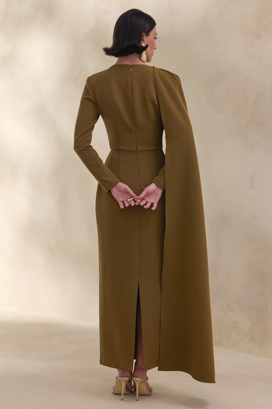 Jovea | Olive Round-Neck Maxi Dress With Cape-Sleeve