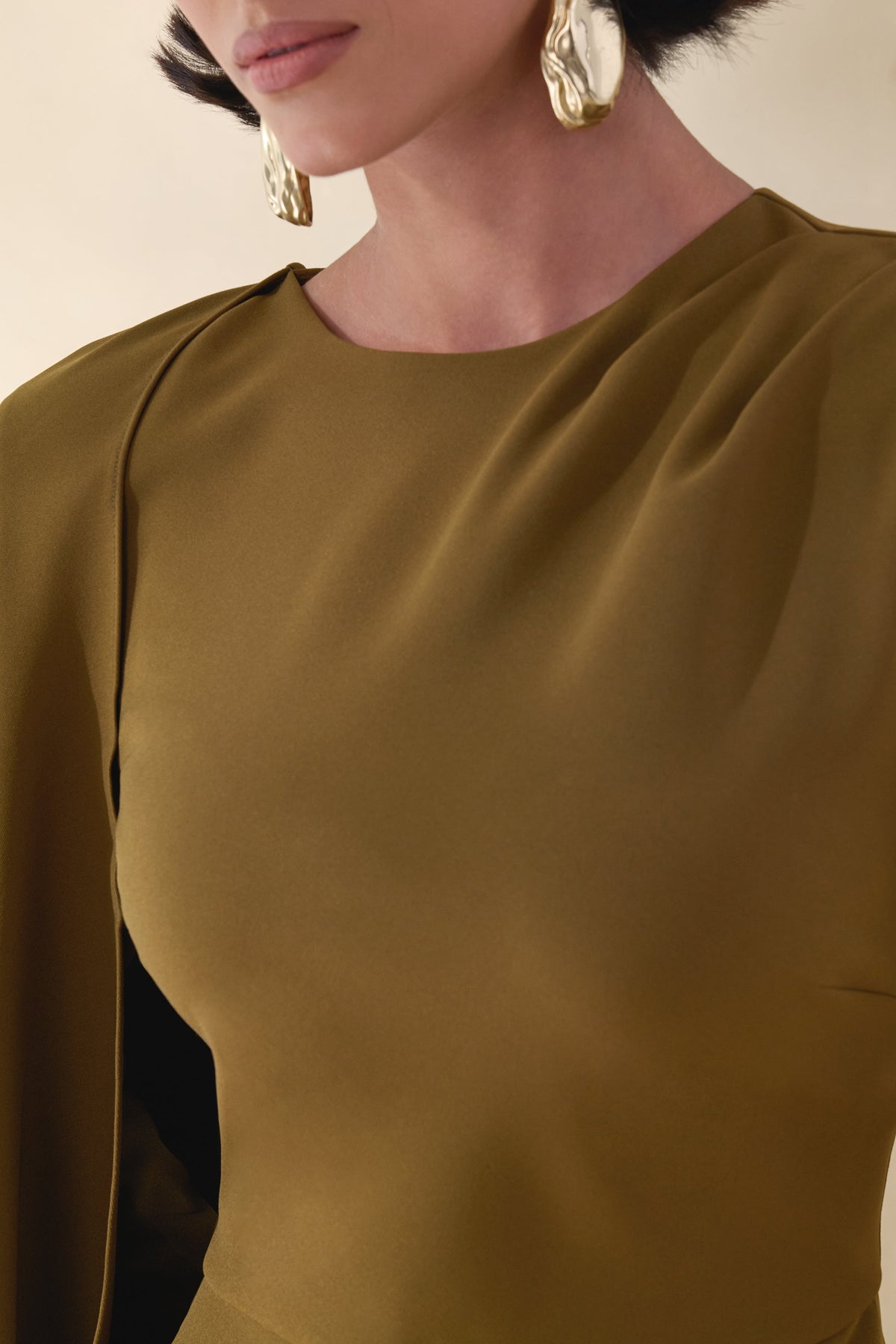 Jovea | Olive Round-Neck Maxi Dress With Cape-Sleeve