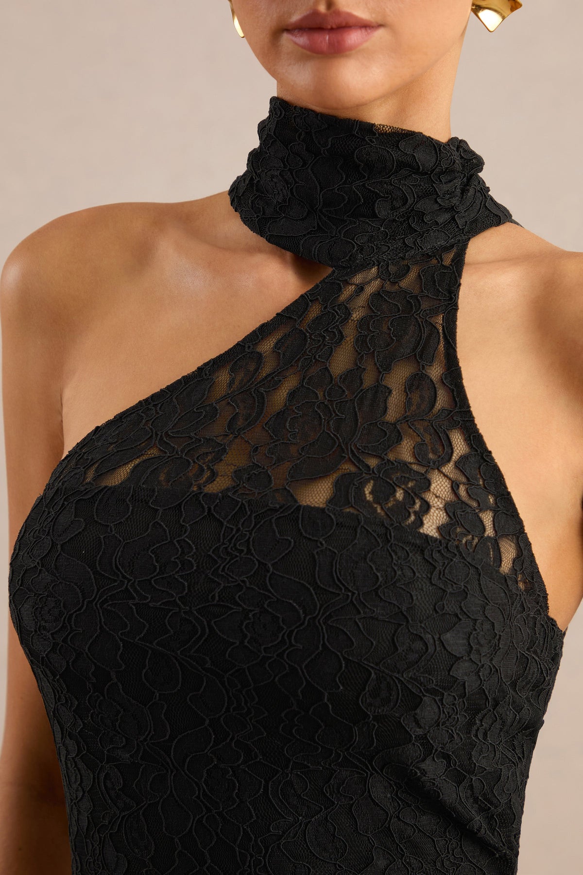 Almaria | Black Lace Asymmetric-Neck Maxi Dress With Collar-Detail