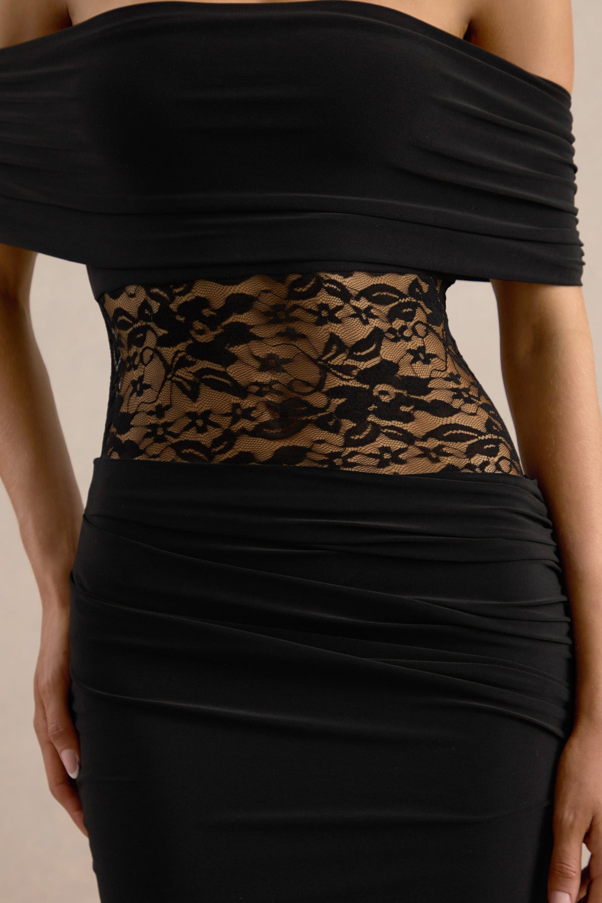 Forsya | Black Bardot-Neck Maxi Dress With Lace-Detailing