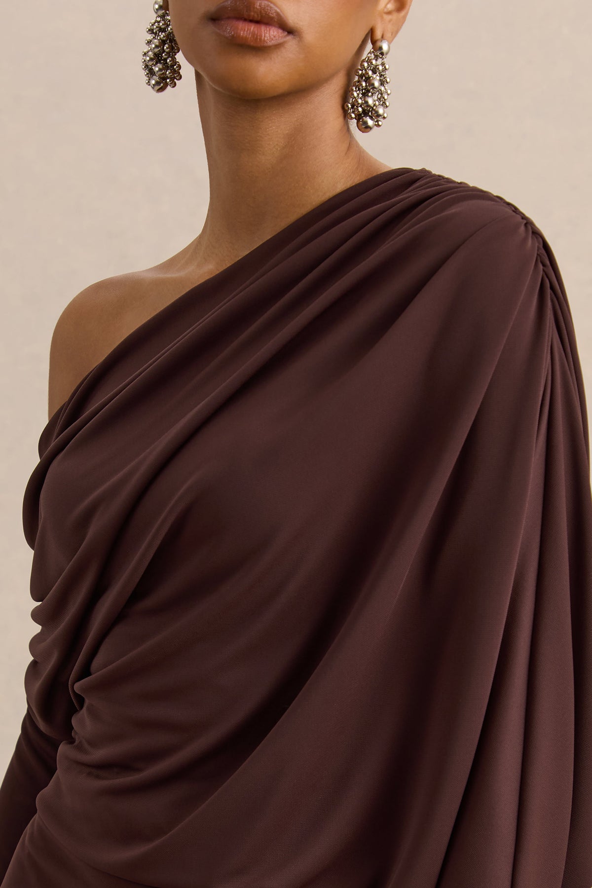 Inoria | Brown Ruched One Shoulder Long Sleeve Mini Dress With Draped Detailing