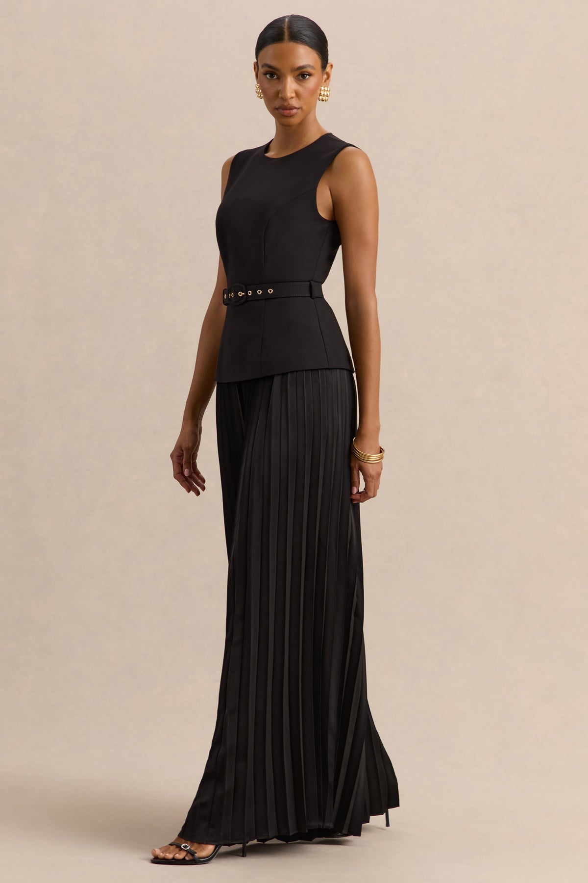 Lerenza | Black Satin Wide-Leg Pleated Trousers