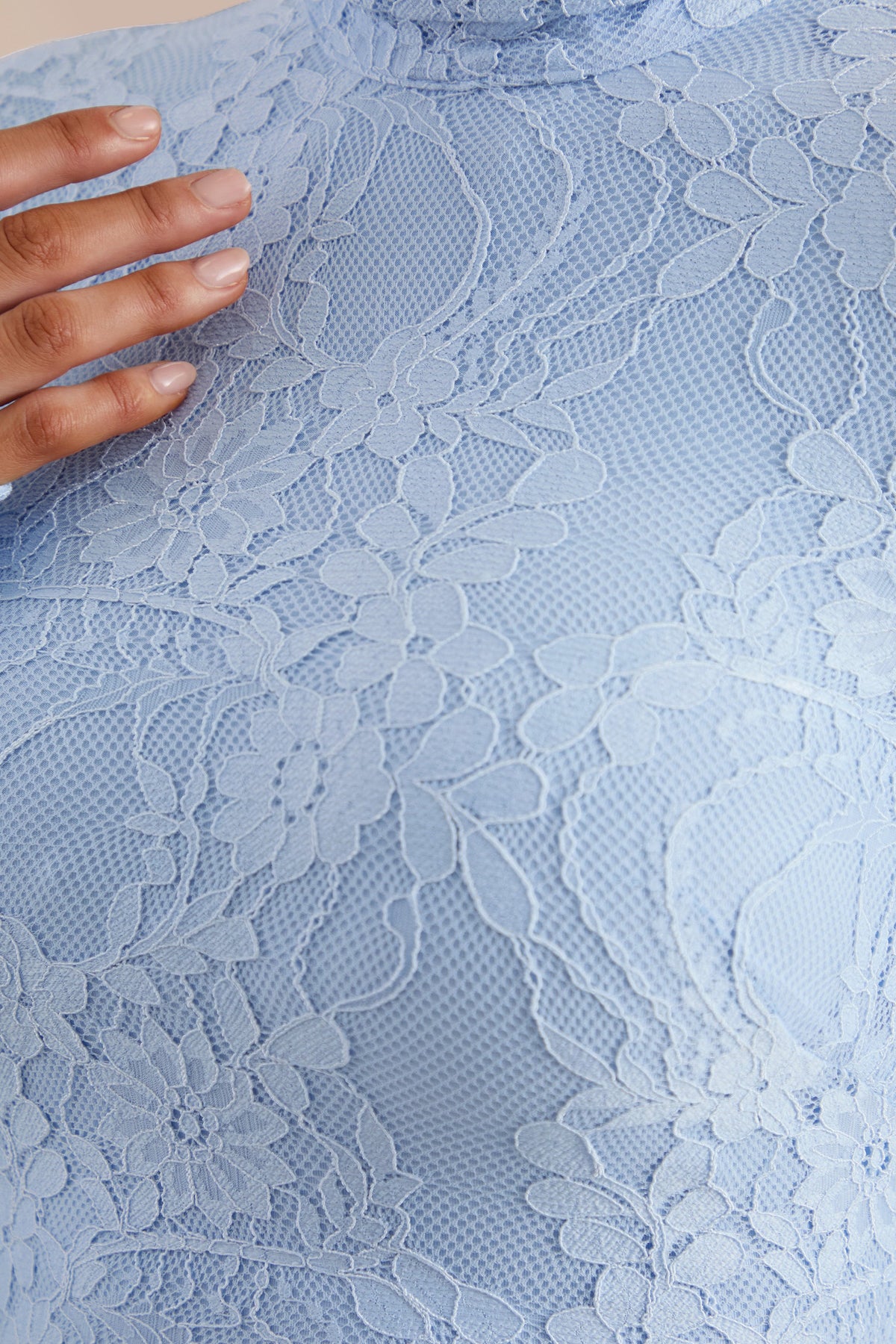 Enestra | Powder Blue Lace High Neck Long Sleeve Maxi Dress With Draped Detailing And Sash