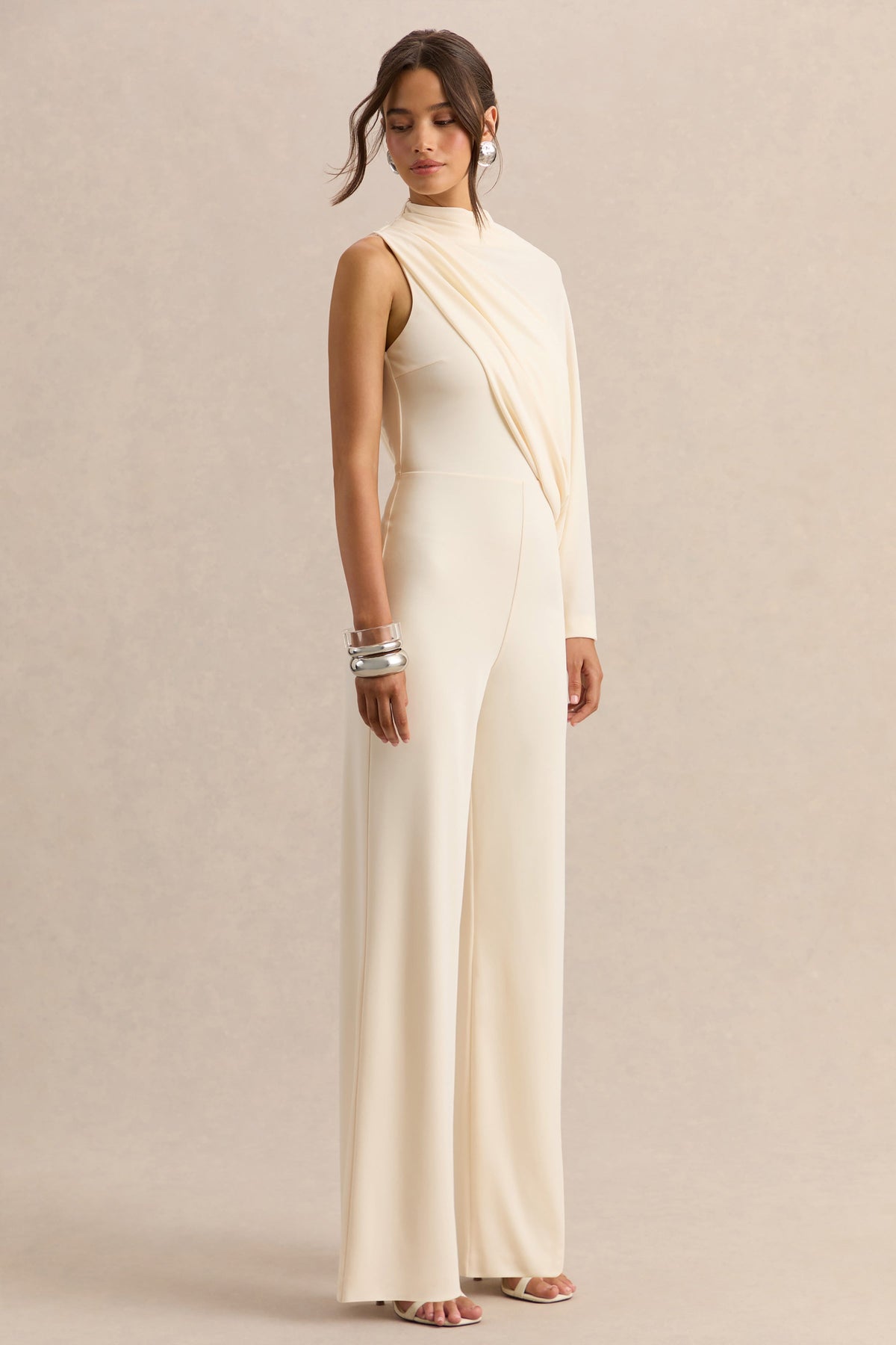 Emoria | Cream High-Neck Jumpsuit With One Long-Sleeve