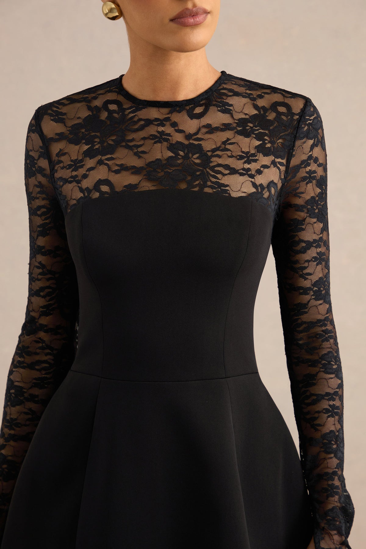Aerin | Black Lace Round Neck Long Sleeve Mini Dress With Sheer Detail