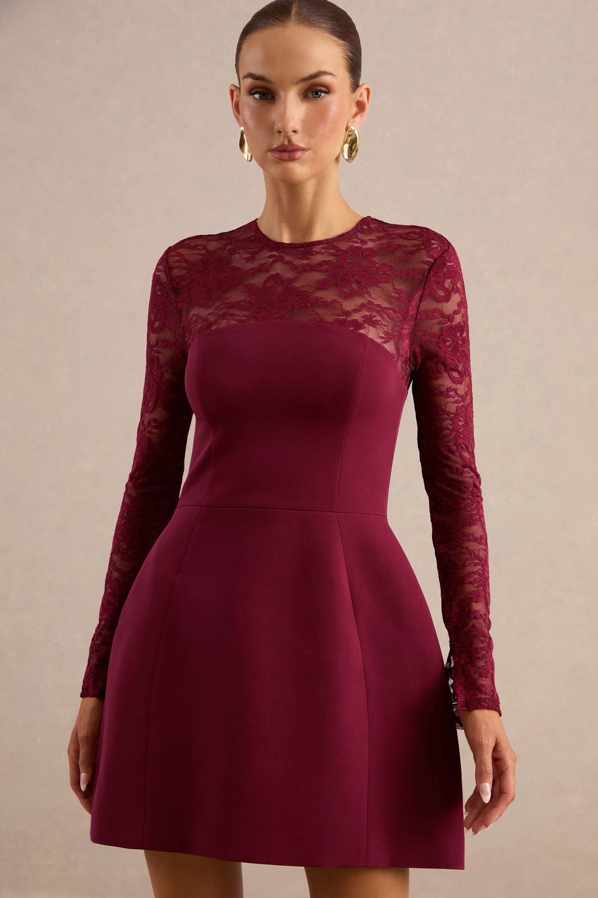Aerin | Burgundy Lace Round Neck Long Sleeve Mini Dress With Sheer Detail