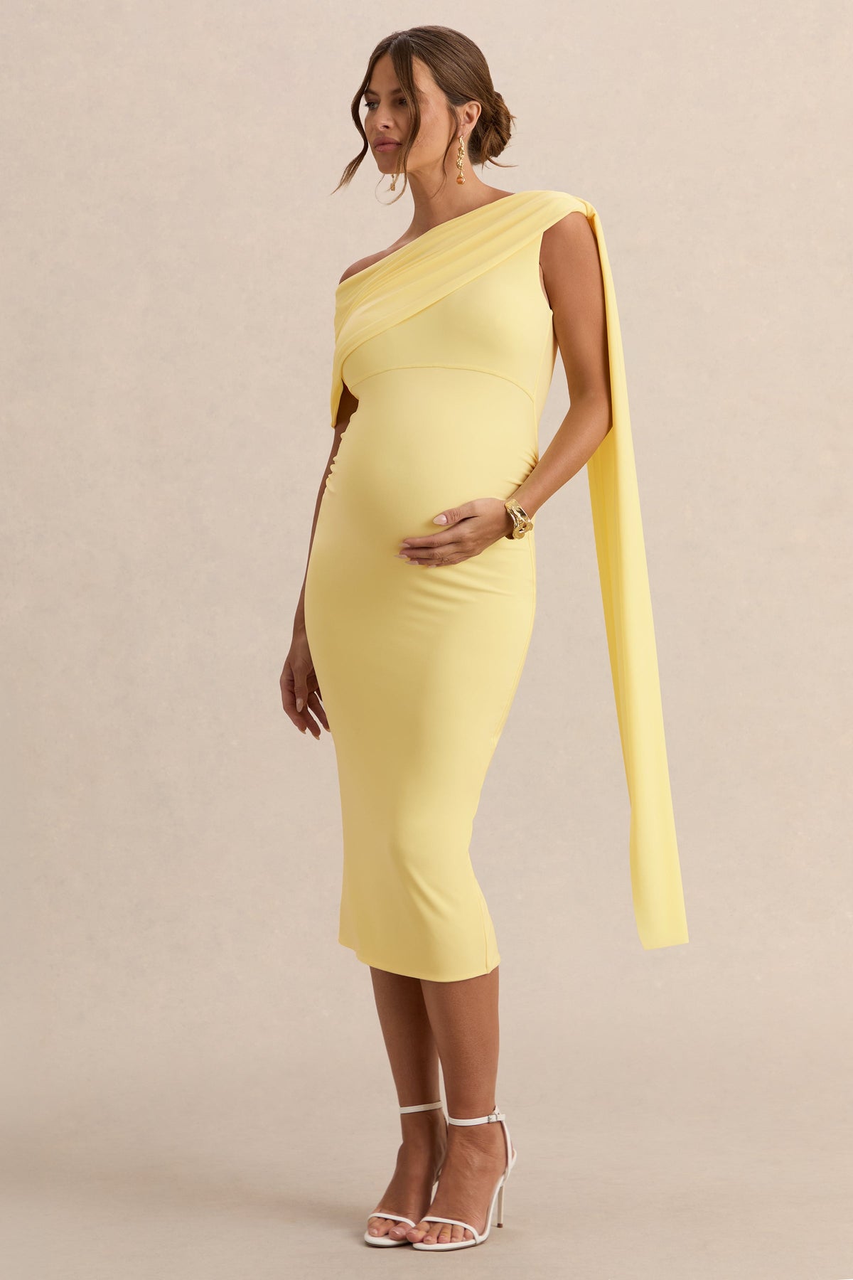 Braelyn | Lemon Asymmetric-Neck Maternity Midi Dress With Gathered Detailing And Sash