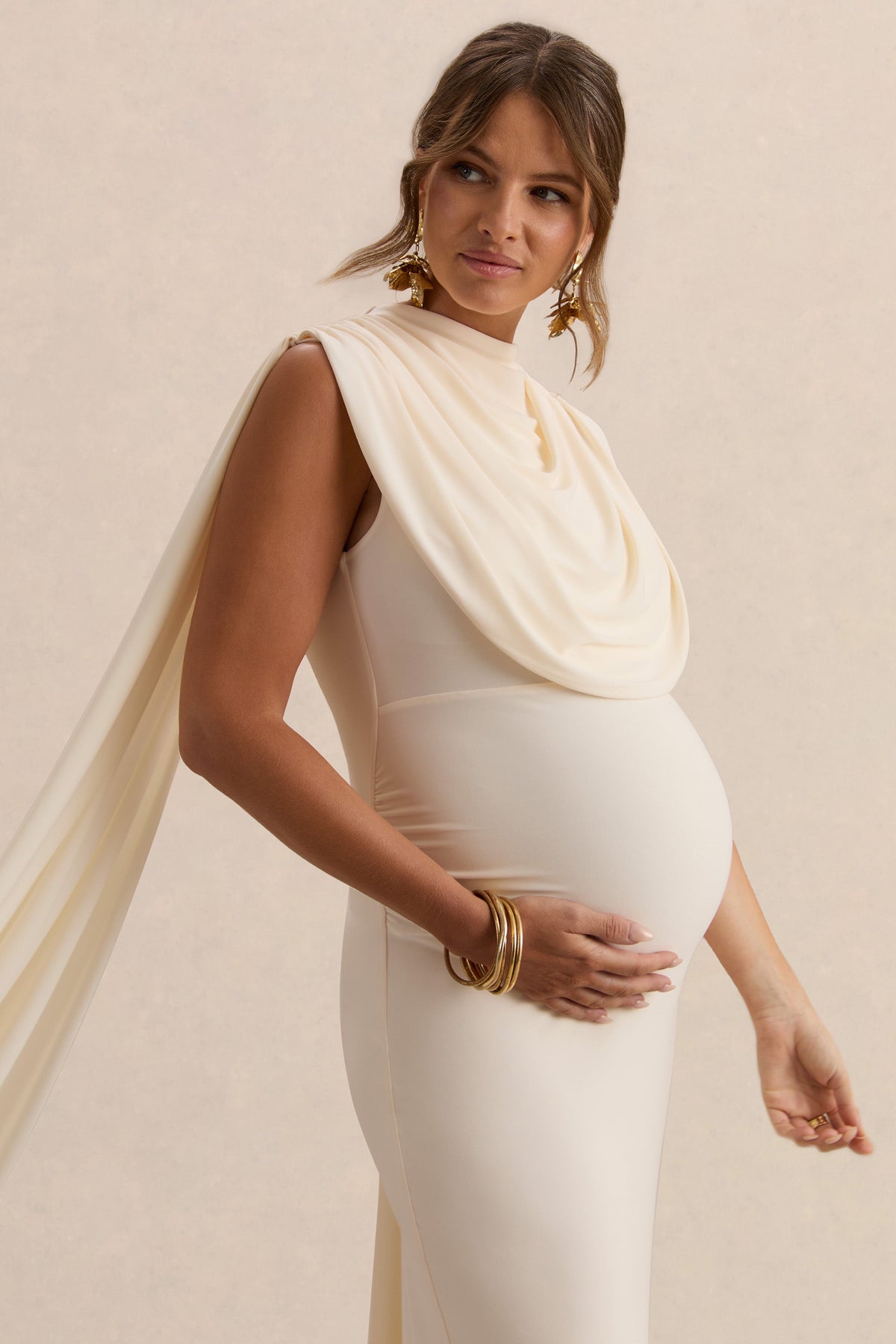 Belva | Cream High-Neck Maternity Maxi Dress With Cape Detail