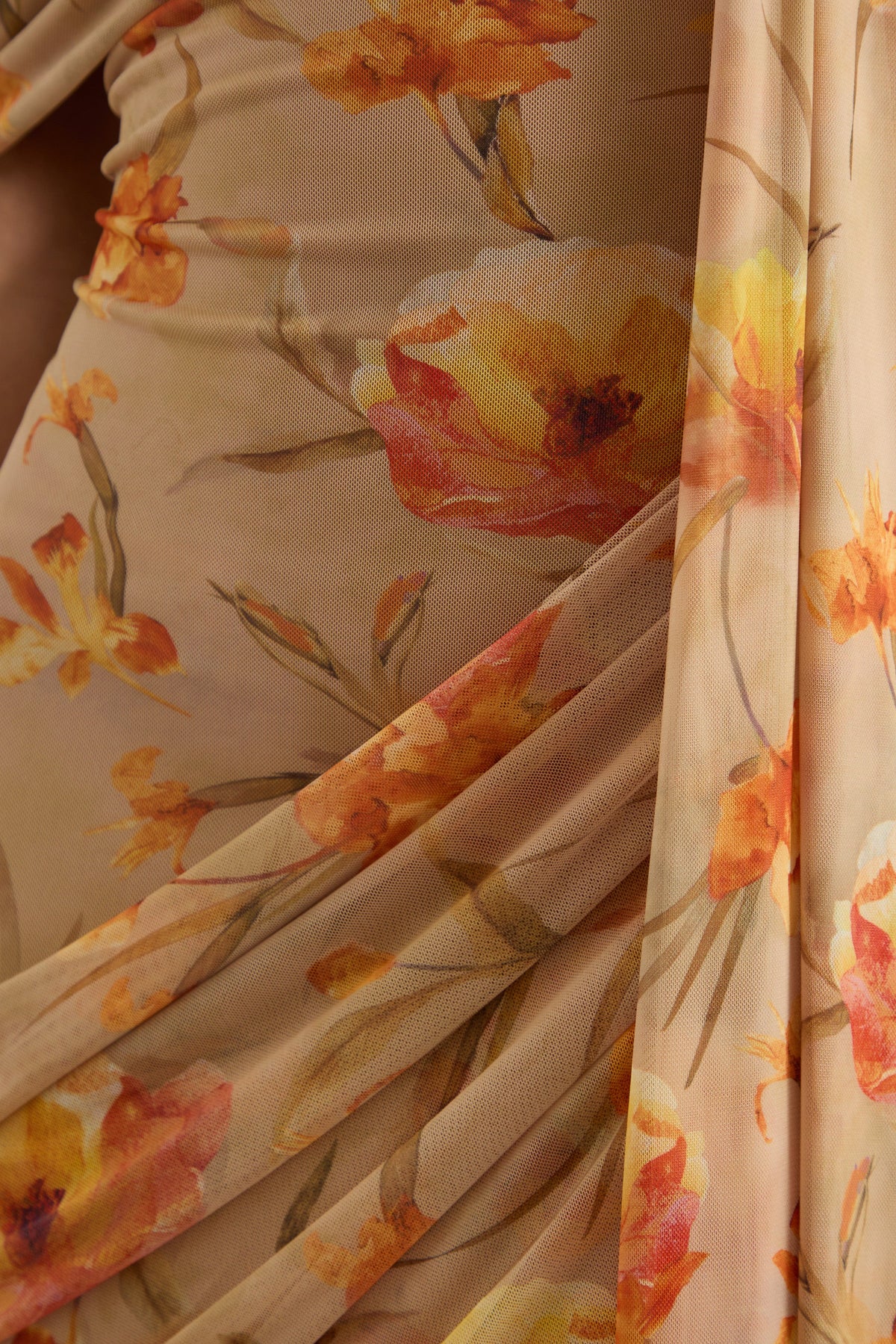 Afton | Orange Floral Mesh Asymmetric-Neck Maxi Dress With Sash Detail