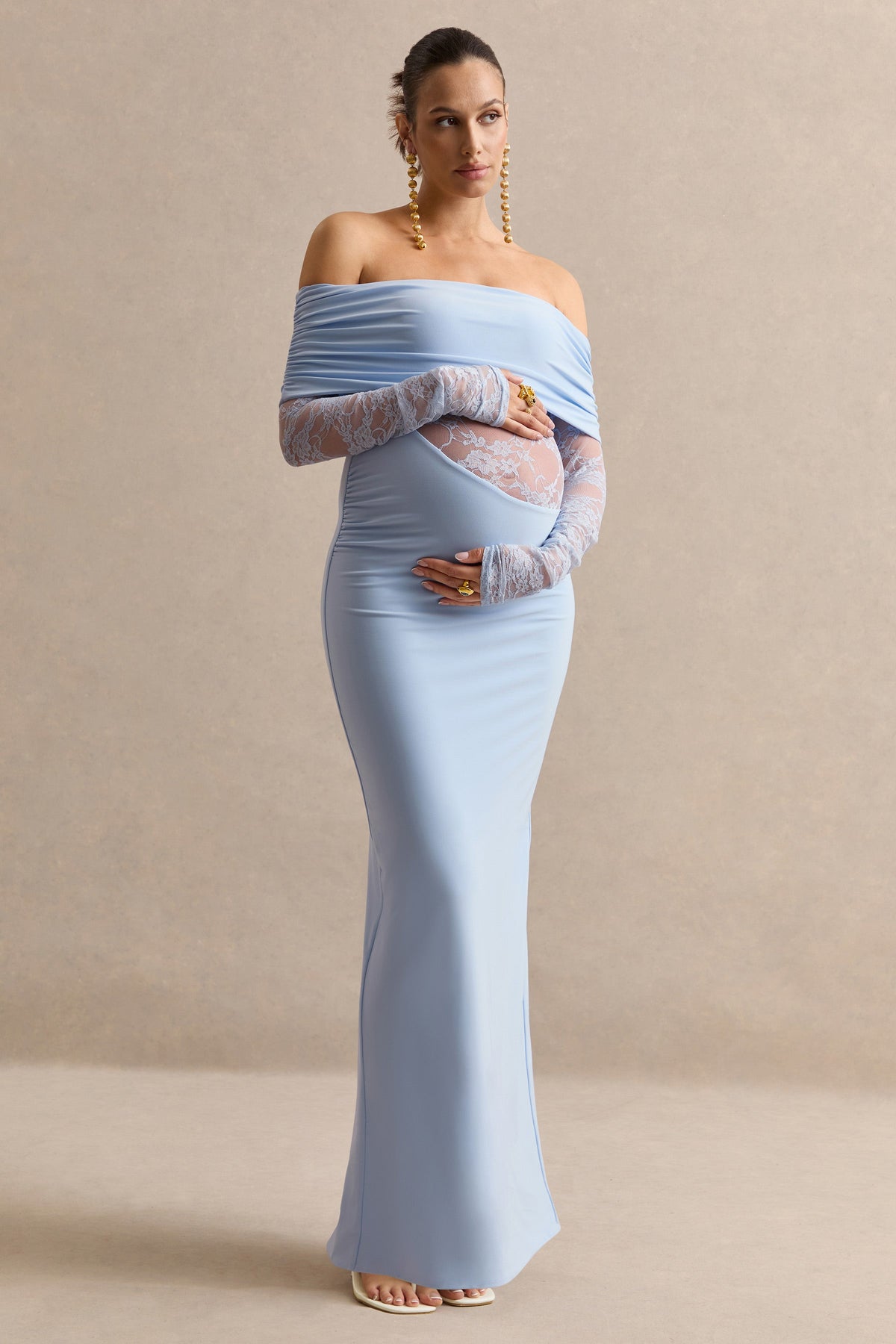 Artemisia | Light Blue Jersey Bardot Long Sleeve Maternity Maxi Dress With Gathered Detailing And Sheer Lace Panel