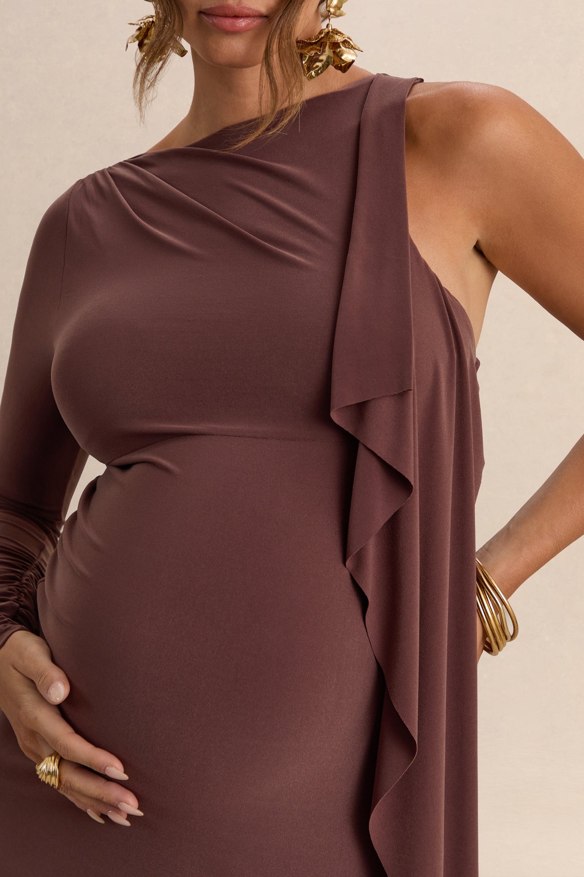 Emanuela | Brown Boat-Neck Maternity Maxi Dress With Sash Detail