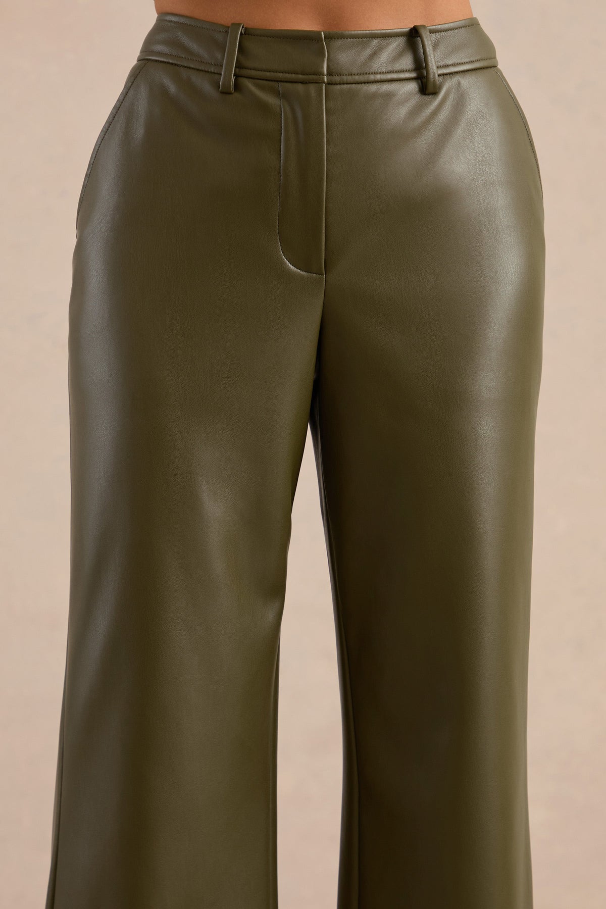Gaelina | Khaki Faux Leather Straight Leg Trousers