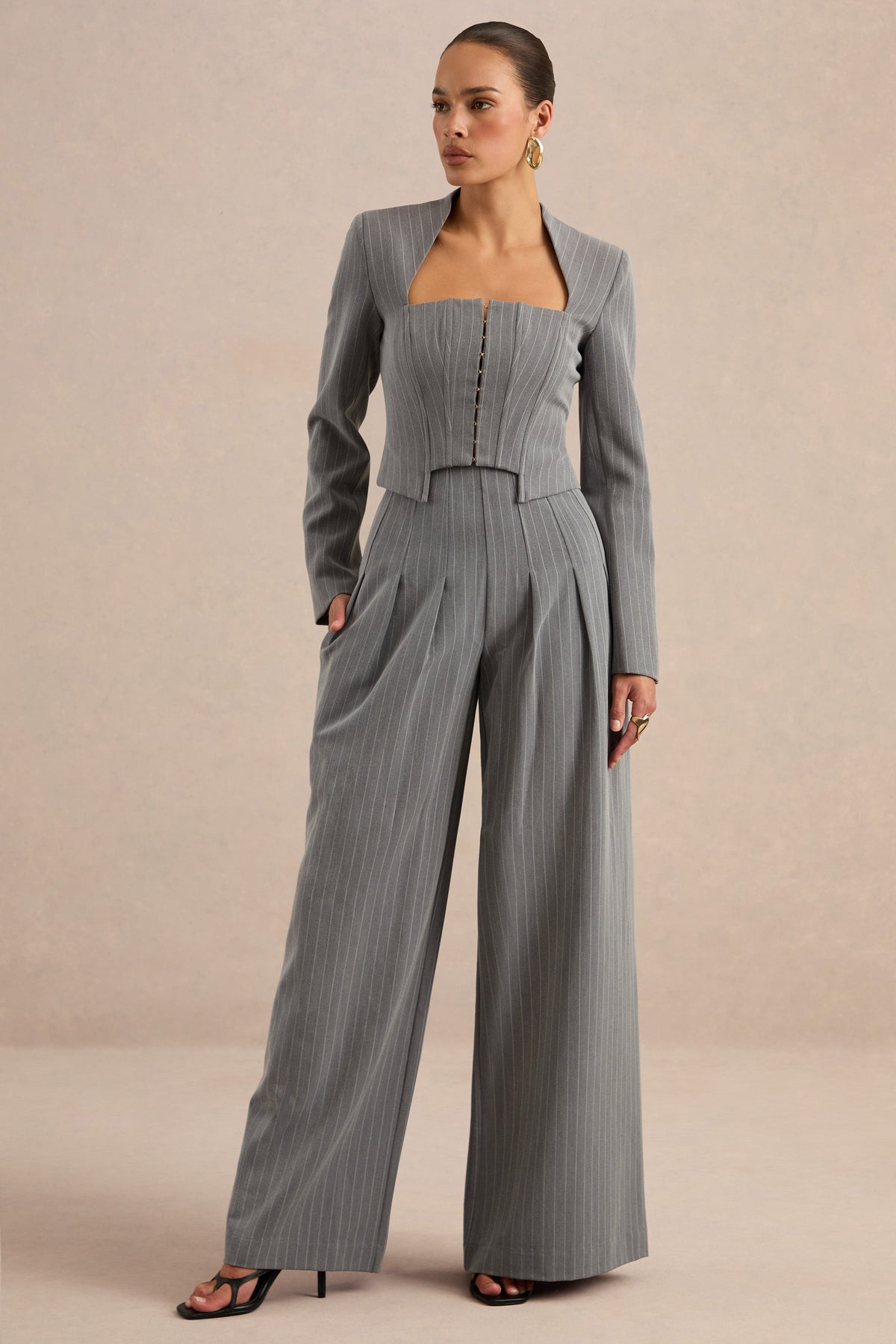 Genara | Grey Pin Stripe High Rise Wide Leg Trousers