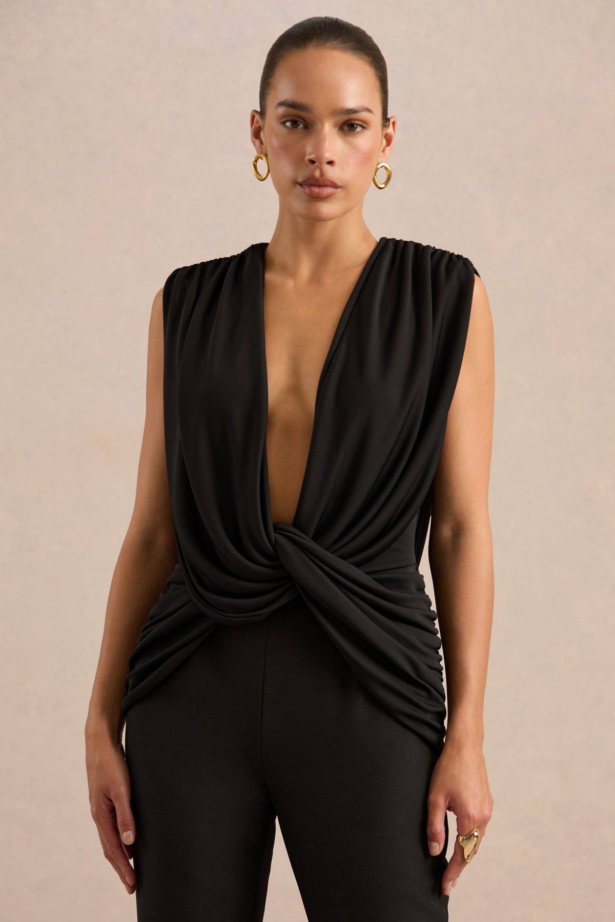 Larina | Black Jersey Plunge Ruched Top With Draped Detailing And Tie Back