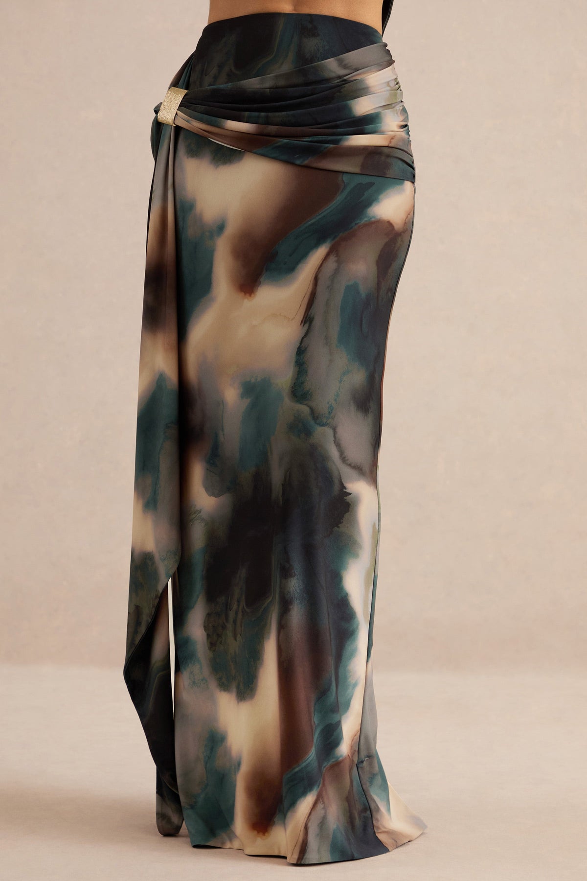 Lilias | Black And Blue Ombre Print Jersey Ruched Mid Rise Maxi Skirt With Sash And Gold Trim Detailing