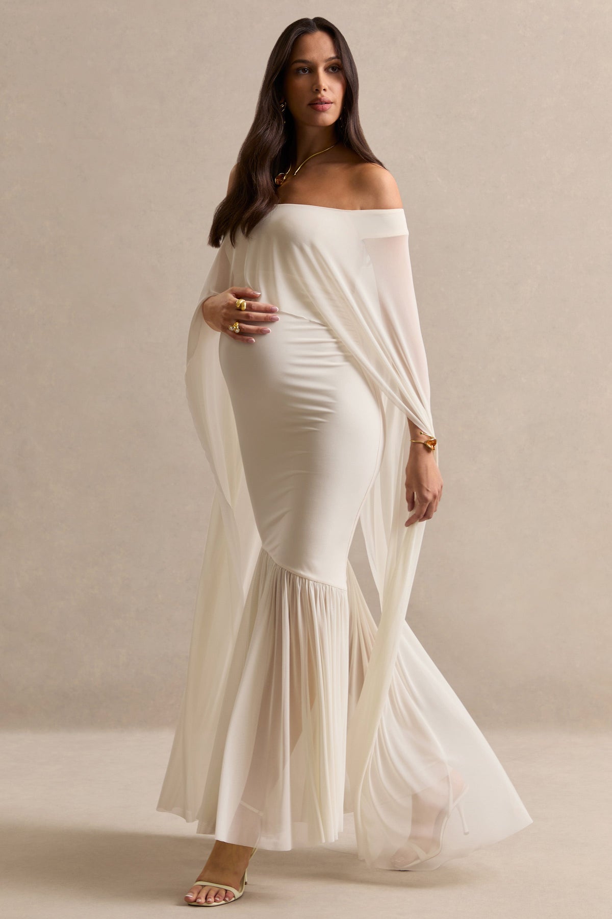 Bluma | Cream Bardot-Neck Maternity Maxi Dress With Sheer Skirt And Cape Detail