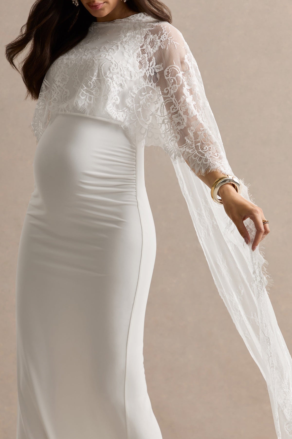 Camelina | White Round-Neck Maternity Maxi Dress With Lace Cape Detail