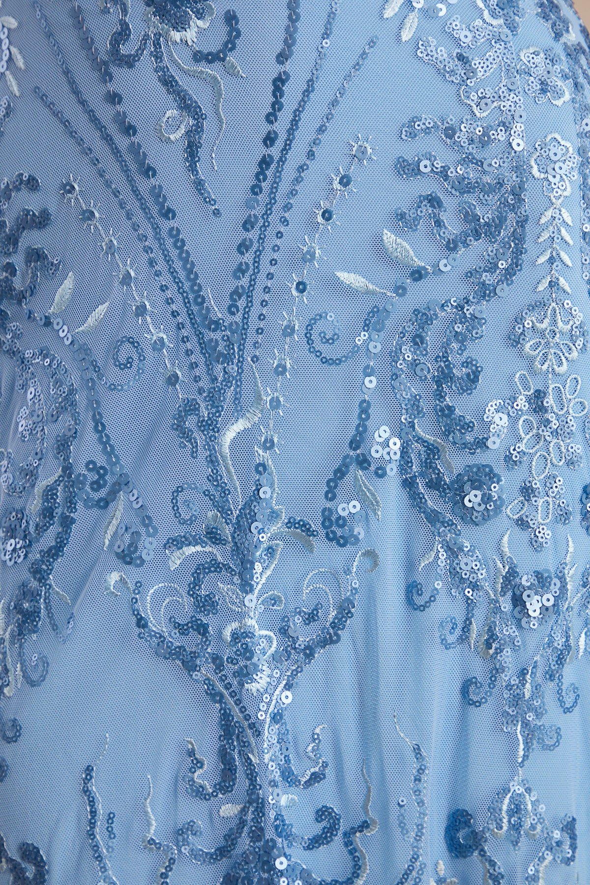 Galathea | Blue Lace Bandeau-Neck Midi Dress With Collar Detail