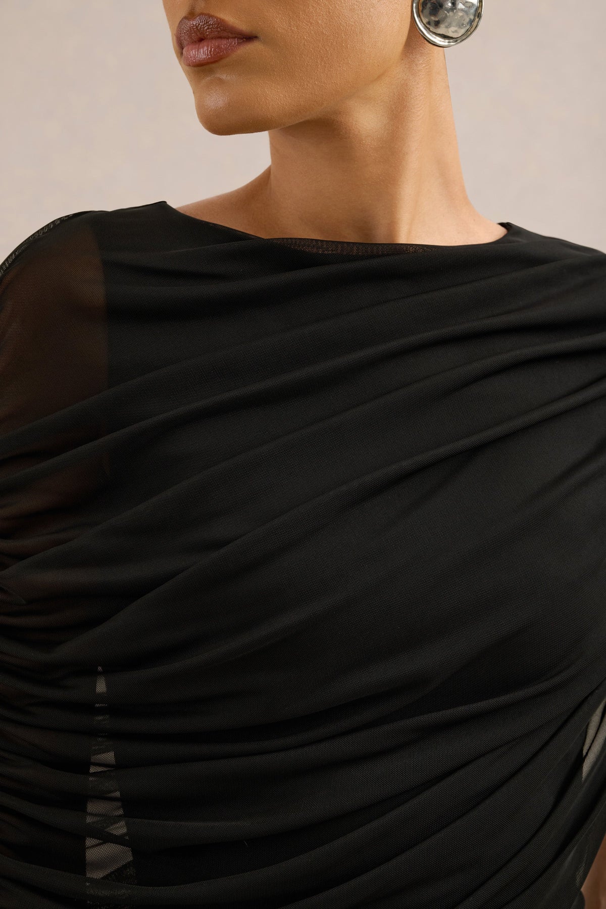 Ciana | Black Jersey Ruched Round neck Short Sleeve Maxi Dress With Draped Detailing And Back Split