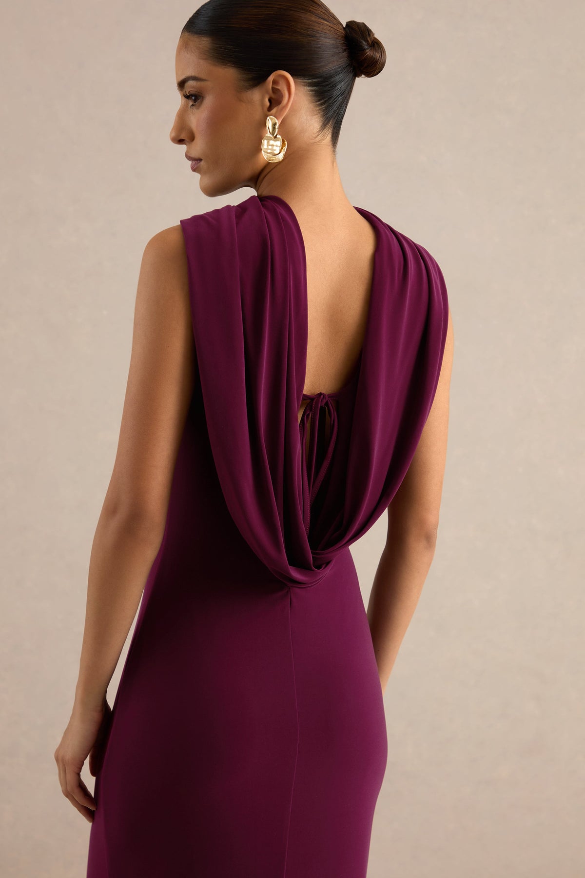 Jolina | Burgundy Jersey High Neck Maxi Dress With Draped Detailing