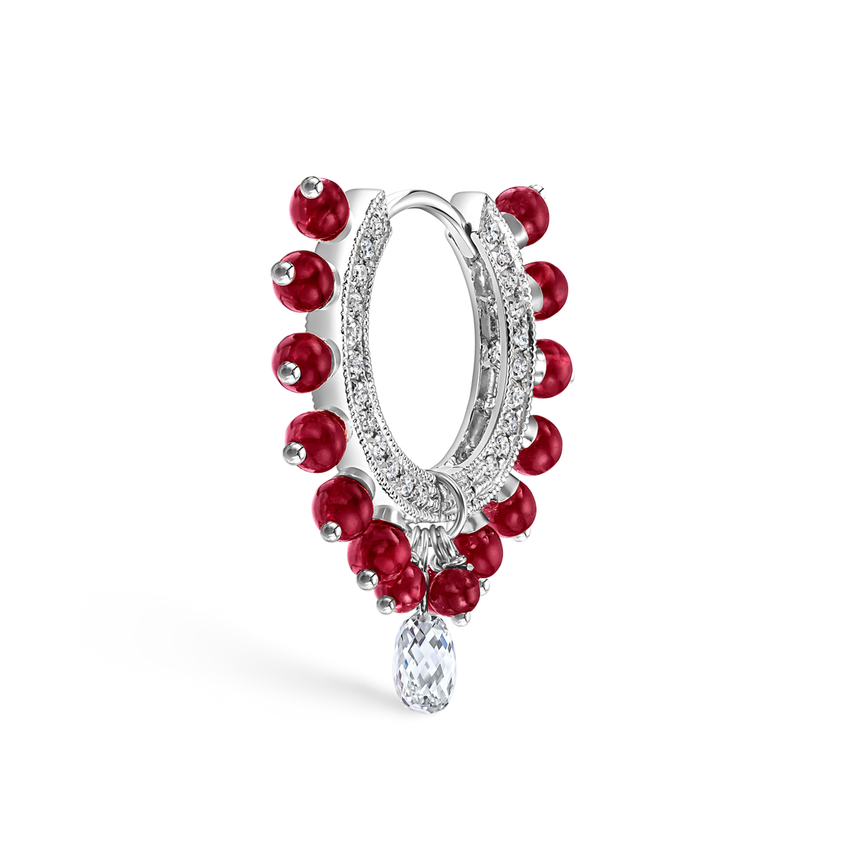 Pavé Diamond Ruby Coronet with Diamond Briolette Hoop Earring