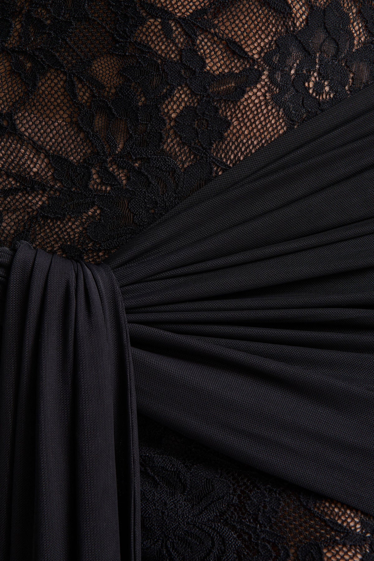 Akira | Black Sheer Lace High Neck Long Sleeve Maxi Dress With Gathered Detailing And Sash