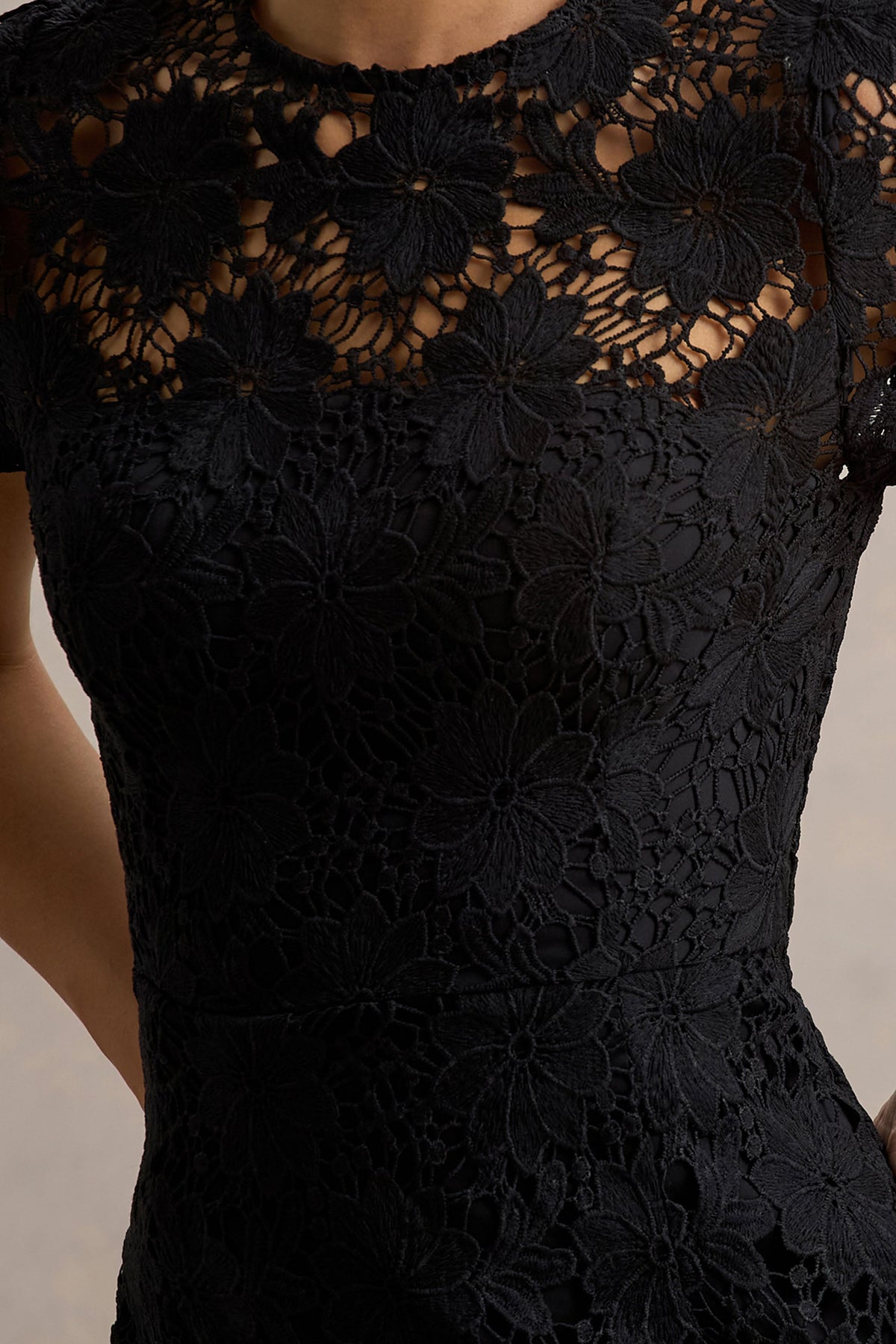 Clarissa | Black Lace High Neck Short Sleeve Midi Dress