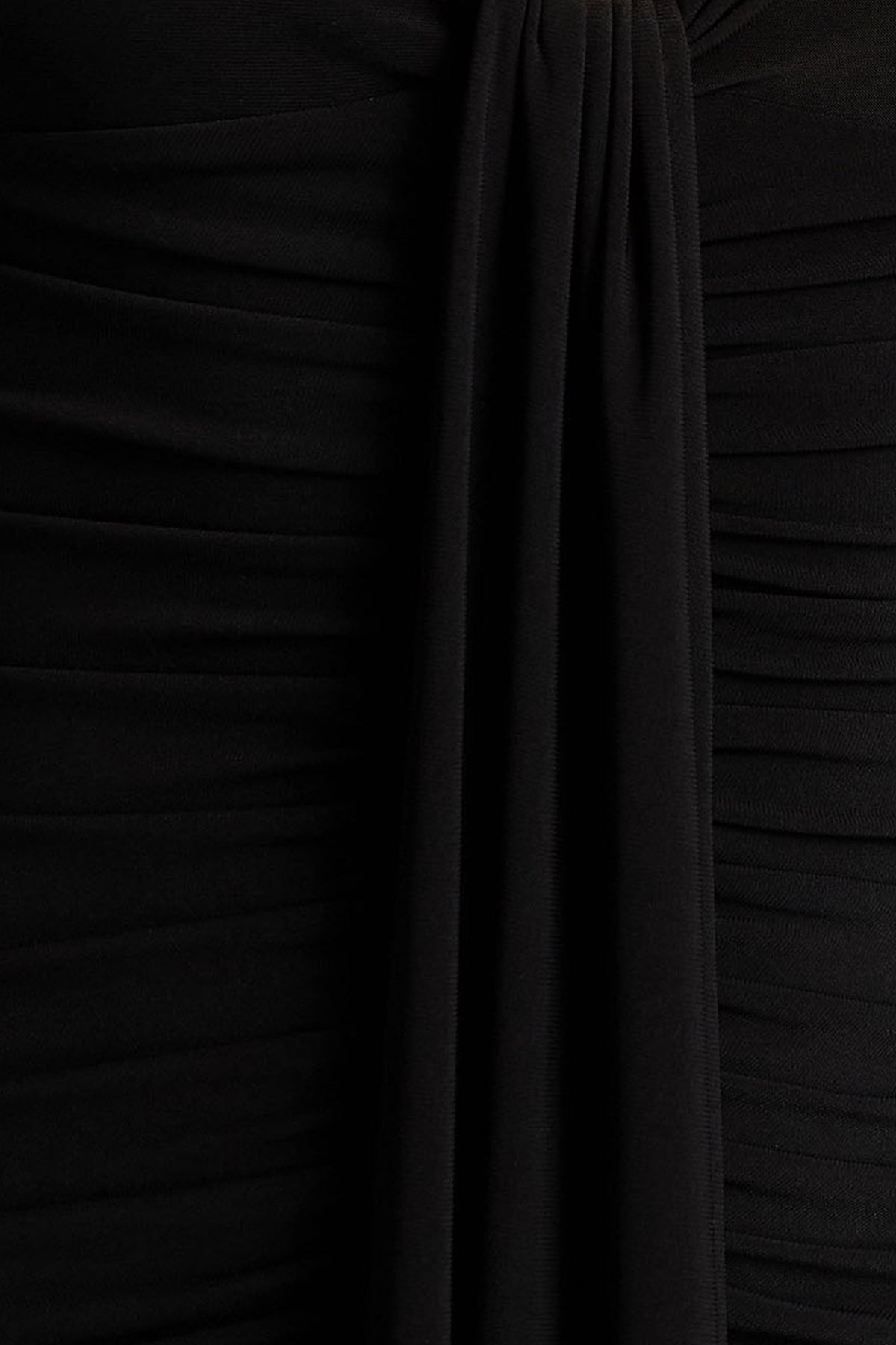 Ivara | Black Plunge-Neck Midi Dress With Ruched Detailing And Sash