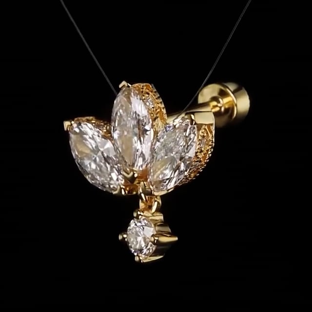 Diamond Engraved Lotus with Dangle Threaded Stud Earring With Titanium Backing