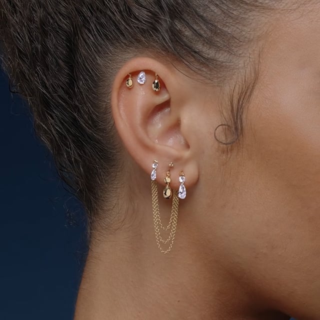 Faceted Gold Pear Threaded Charm Earring With Titanium Backing
