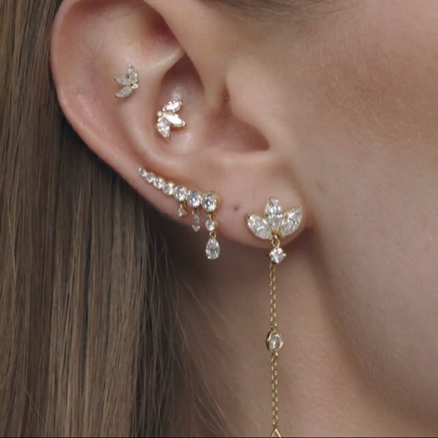 Diamond Engraved Lotus with Dangle Threaded Stud Earring With Titanium Backing