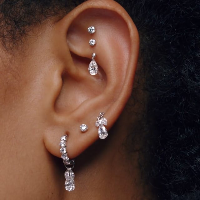 Floating Pear Diamond Charm Threaded Stud Earring With Titanium Backing