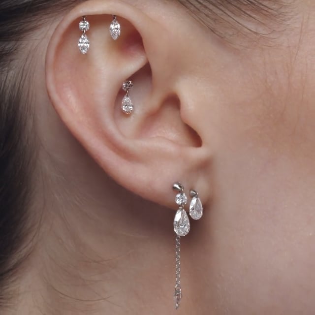 Floating Marquise and Round Diamond Drape Threaded Stud Earring