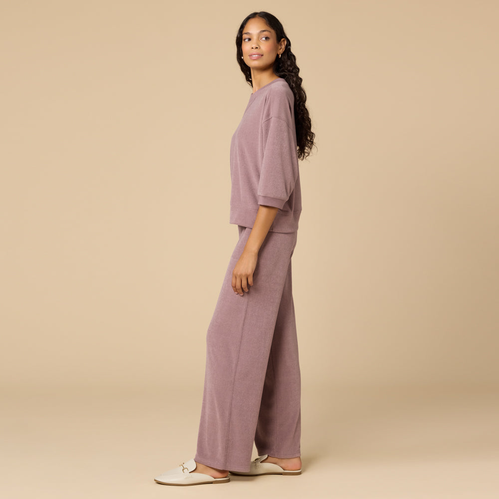 Terry Cropped Sleeve Crew Neck with Wide Leg Pant