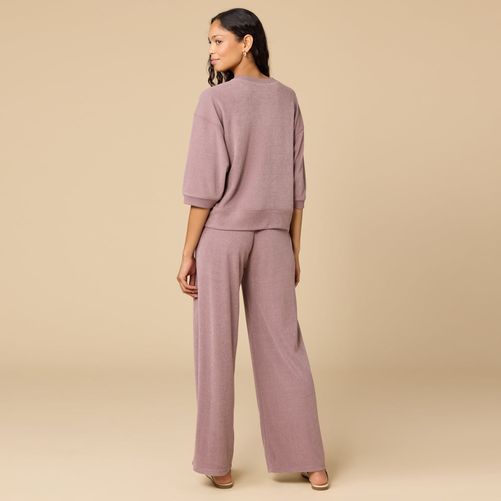 Terry Cropped Sleeve Crew Neck with Wide Leg Pant