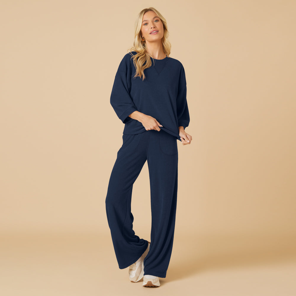 Terry Cropped Sleeve Crew Neck with Wide Leg Pant