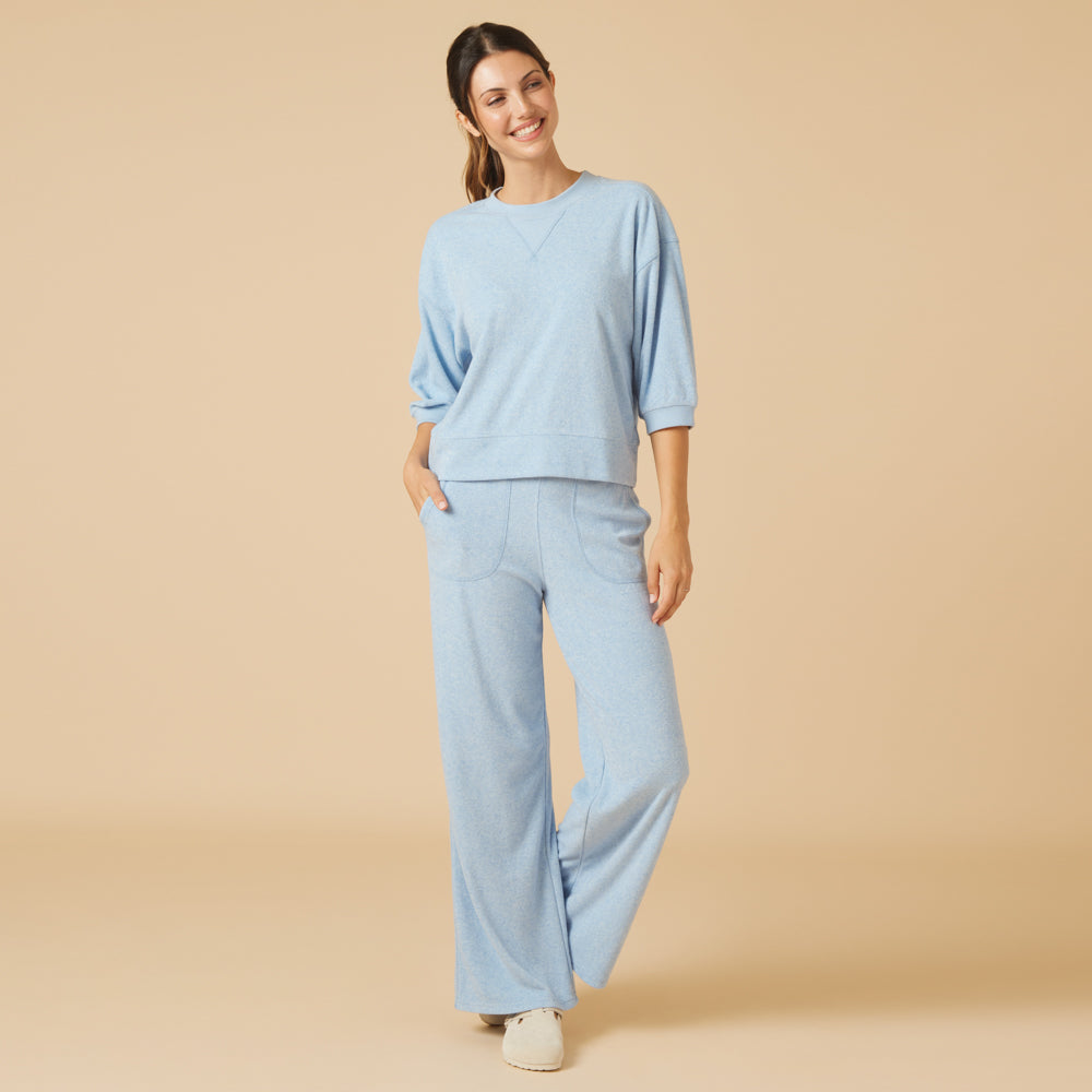 Terry Cropped Sleeve Crew Neck with Wide Leg Pant