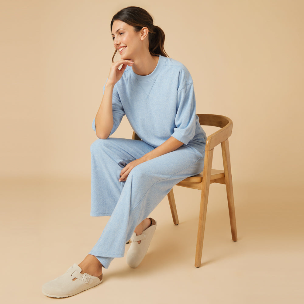 Terry Cropped Sleeve Crew Neck with Wide Leg Pant