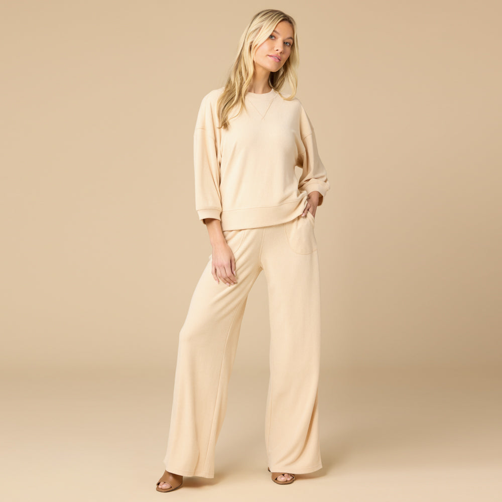 Terry Cropped Sleeve Crew Neck with Wide Leg Pant