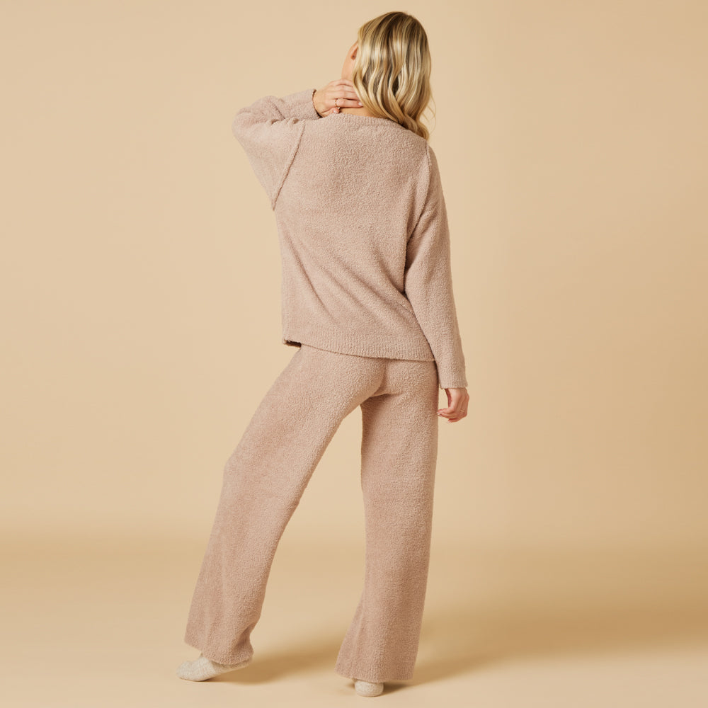 Solid Marshmallow Reverse Seam Crew Neck Lounge Set with Bracelet Sleeve