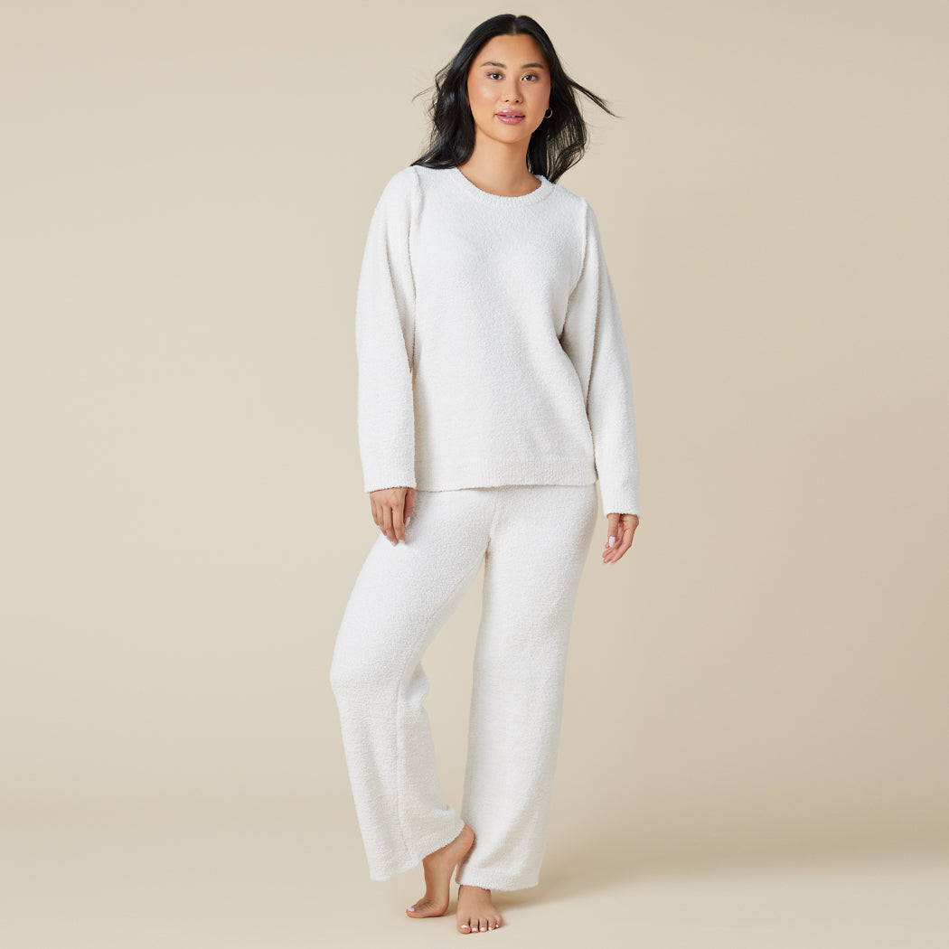 Solid Marshmallow Reverse Seam Crew Neck Lounge Set with Bracelet Sleeve