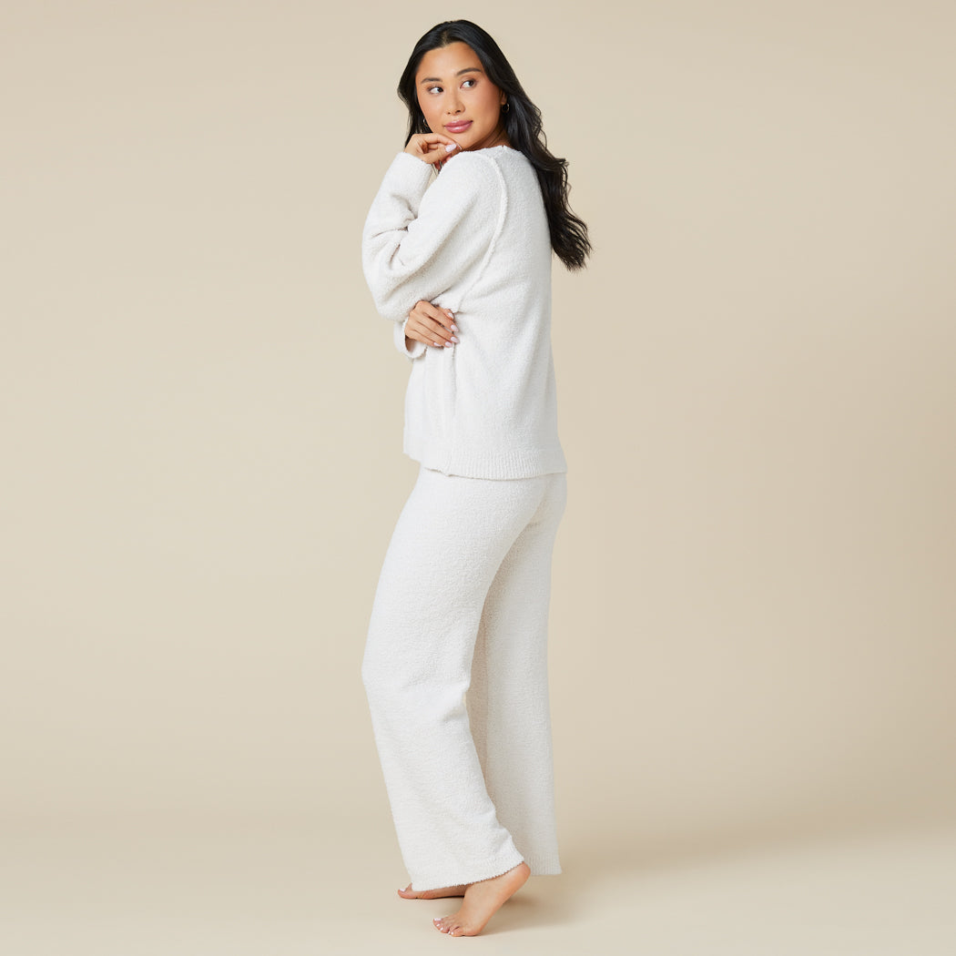 Solid Marshmallow Reverse Seam Crew Neck Lounge Set with Bracelet Sleeve