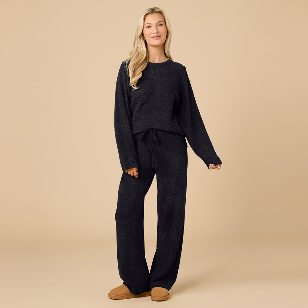 Solid Marshmallow Reverse Seam Crew Neck Lounge Set with Bracelet Sleeve