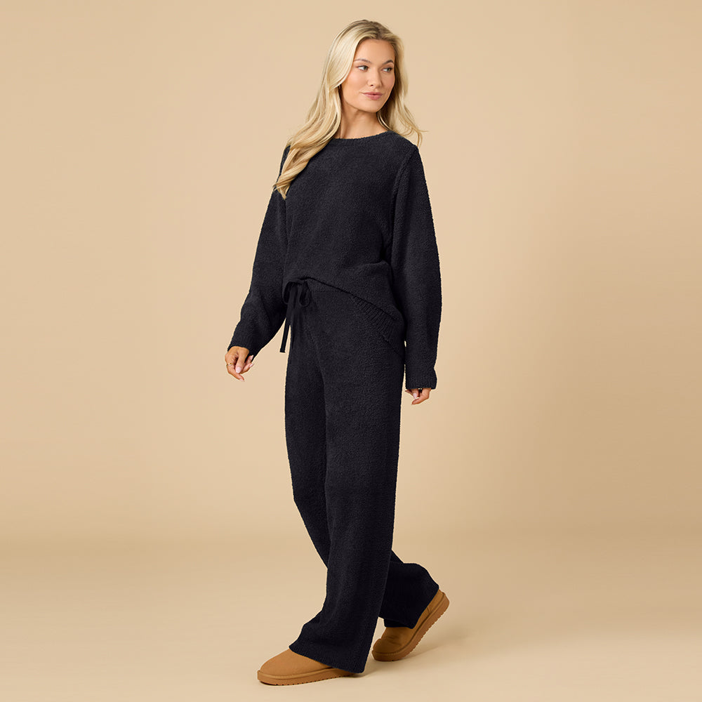 Solid Marshmallow Reverse Seam Crew Neck Lounge Set with Bracelet Sleeve