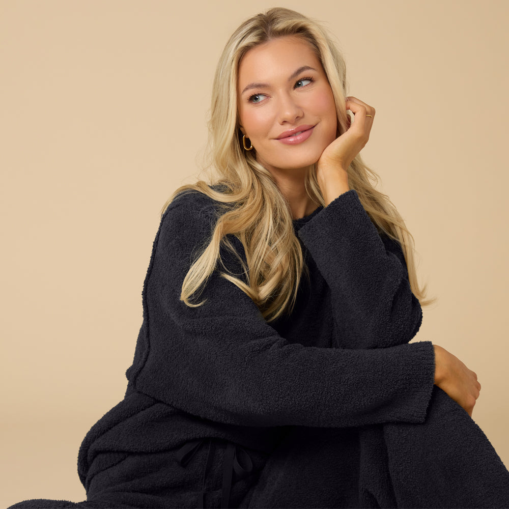 Solid Marshmallow Reverse Seam Crew Neck Lounge Set with Bracelet Sleeve